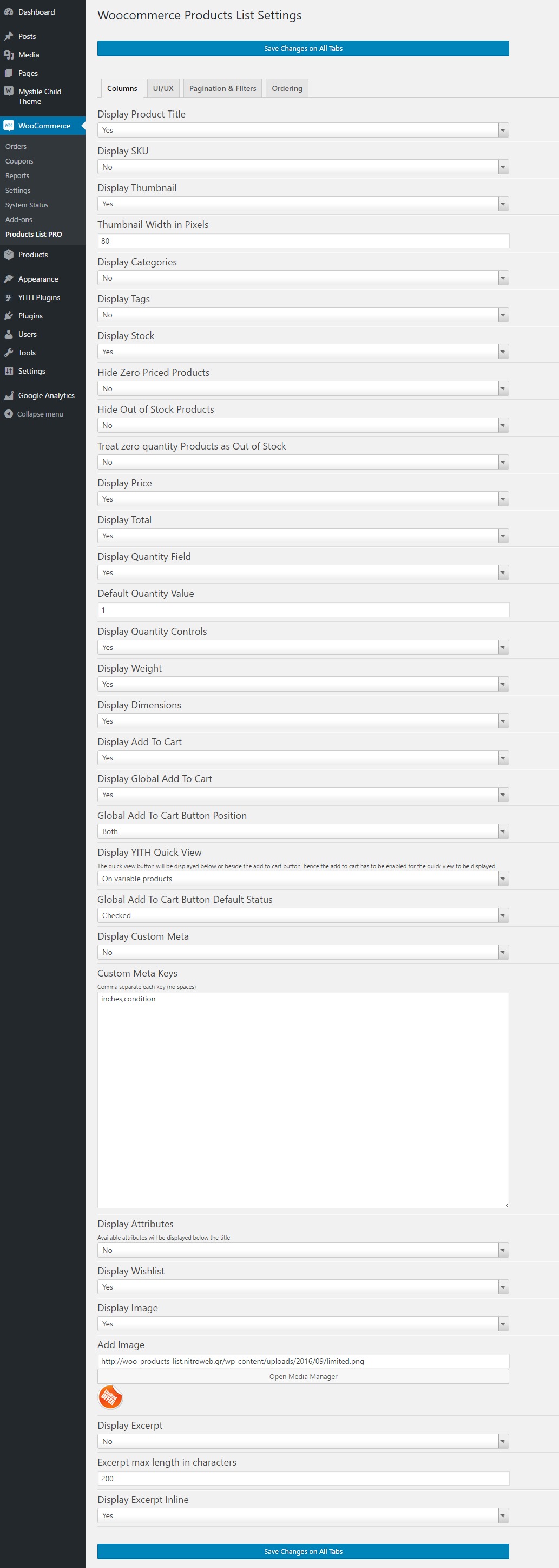 Woocommerce Products List Pro wp-admin settngs